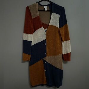 Chico’s Geometric Colorblocked Cardigan Duster Long Length Sweater. Size 1